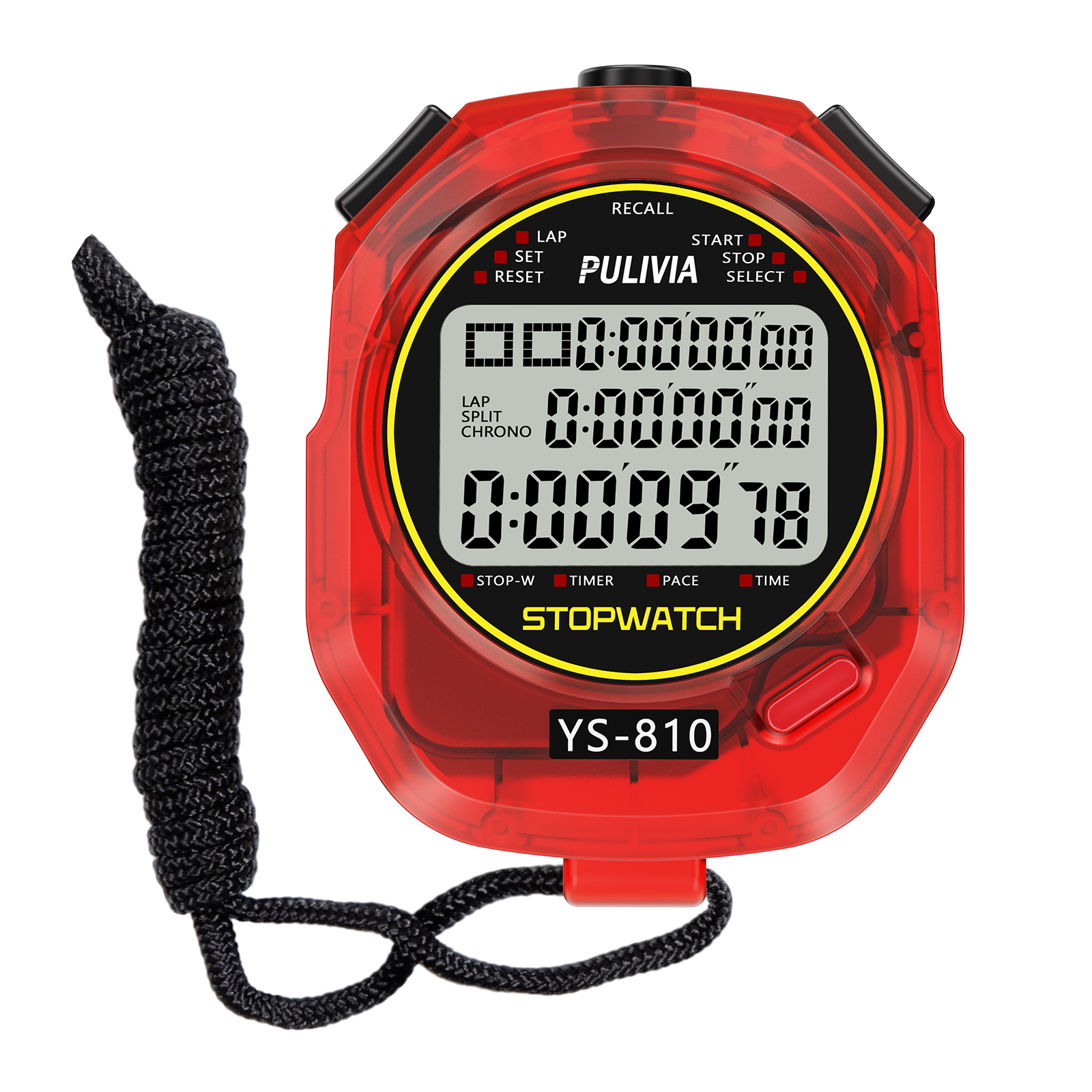 PULIVIA YS-810 Stopwatch 10 Splits with Countdown Timer Pace Mode Clock Calendar, Transpare Red