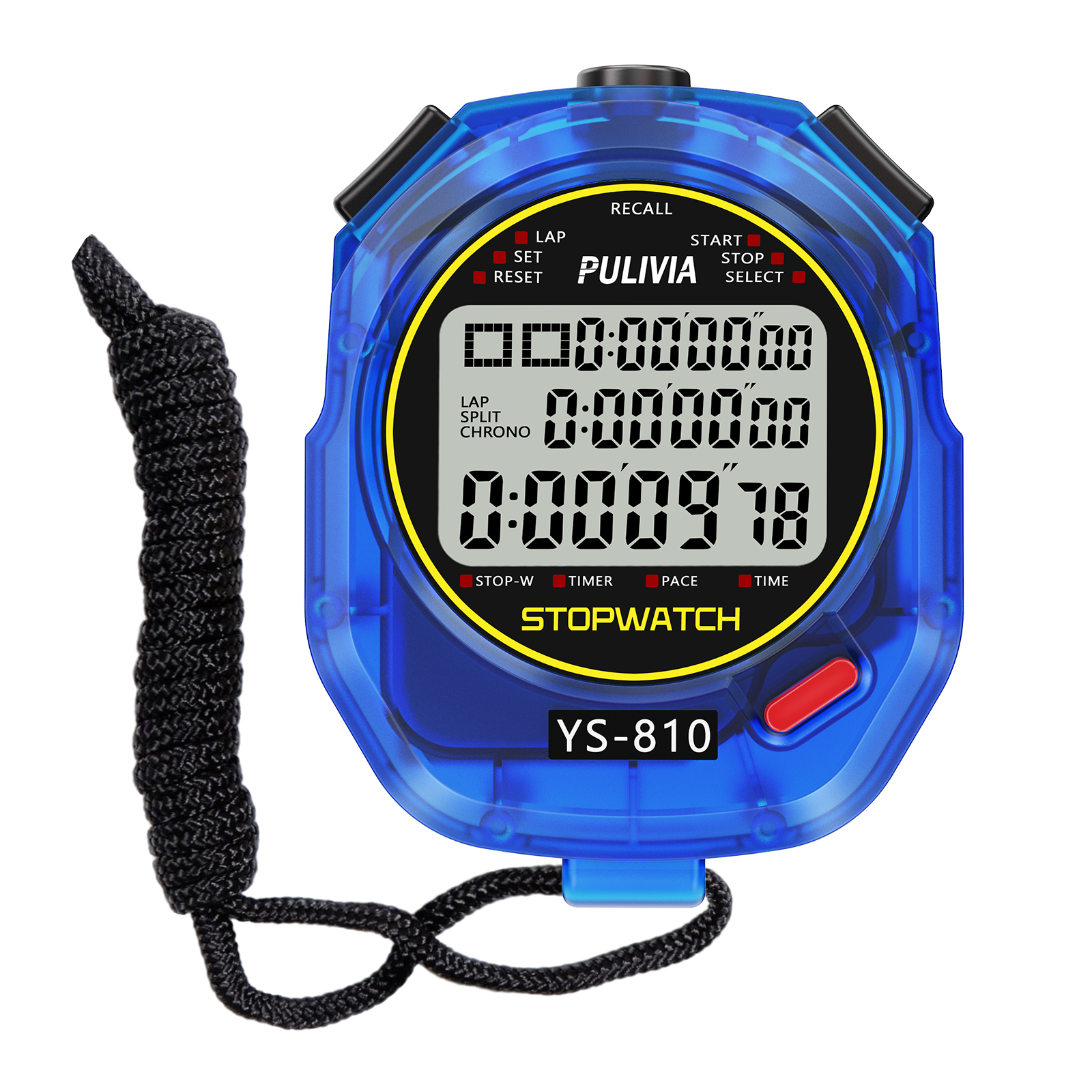 PULIVIA YS-810 Stopwatch 10 Splits with Countdown Timer Pace Mode Clock Calendar, Transpare Blue