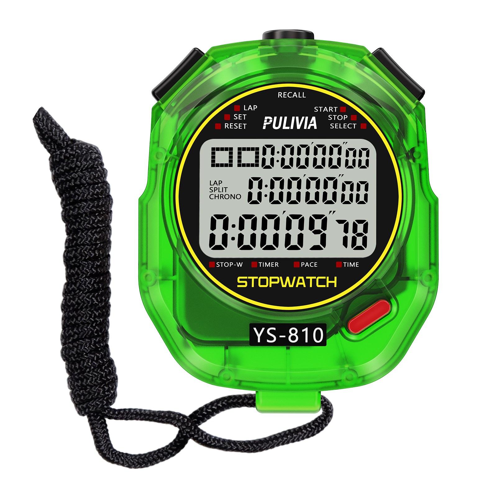 PULIVIA YS-810 Stopwatch 10 Splits with Countdown Timer Pace Mode Clock Calendar, Transpare Green