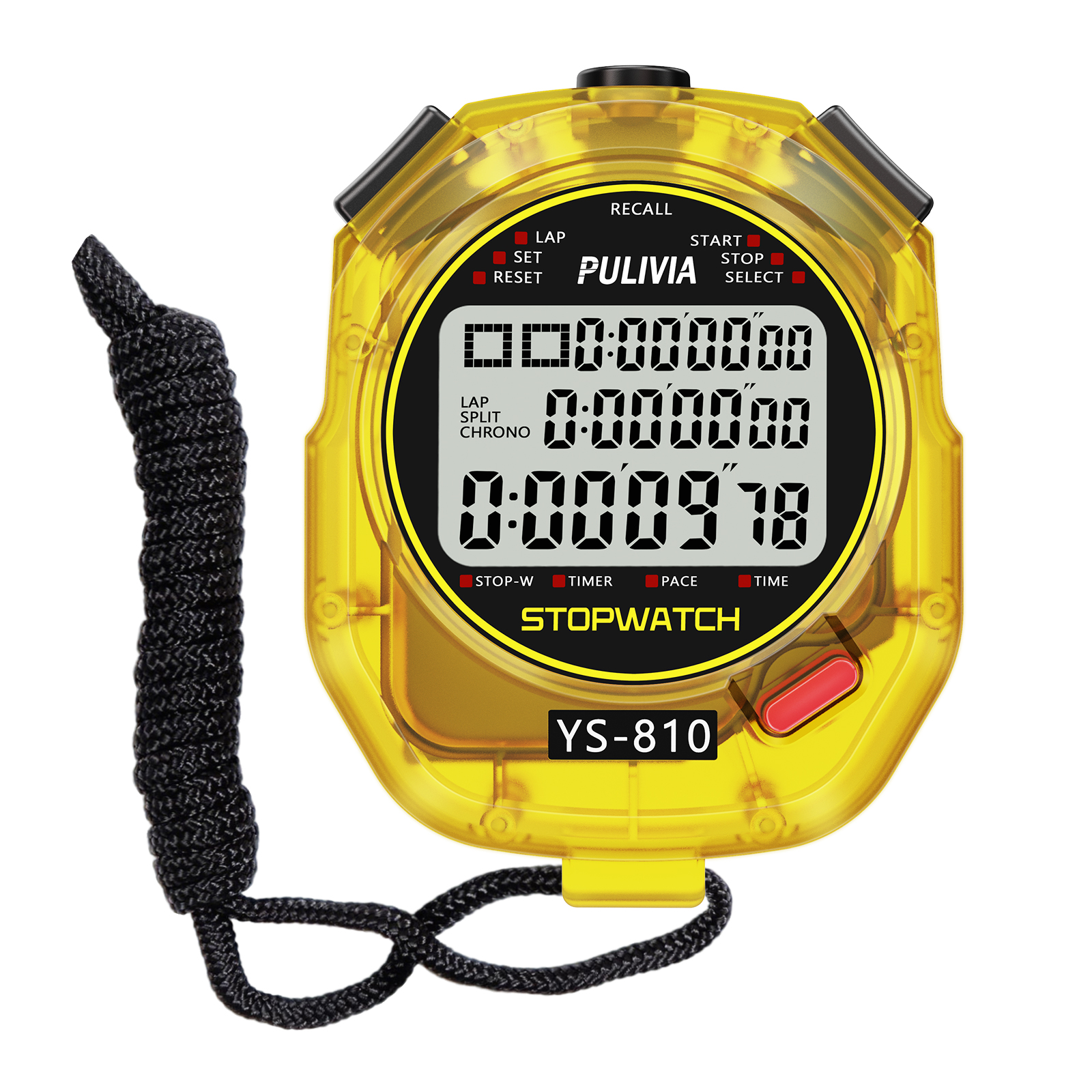 PULIVIA YS-810 Sports Stopwatch 10 Splits with Countdown Timer Pace Mode Clock Calendar Alarm,Yellow