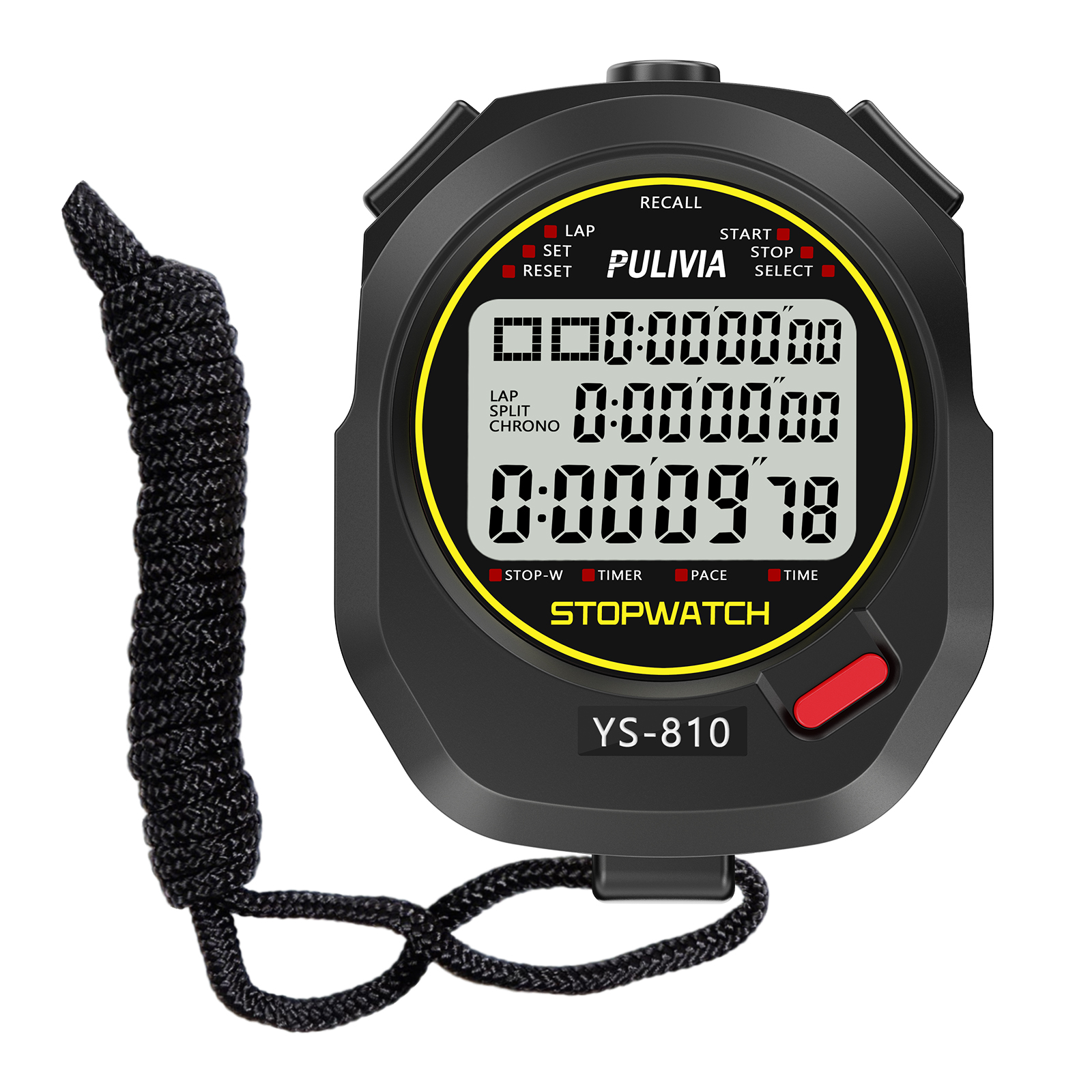 PULIVIA YS-810 Sports Stopwatch 10 Splits with Countdown Timer Pace Mode Clock Calendar Alarm, Black
