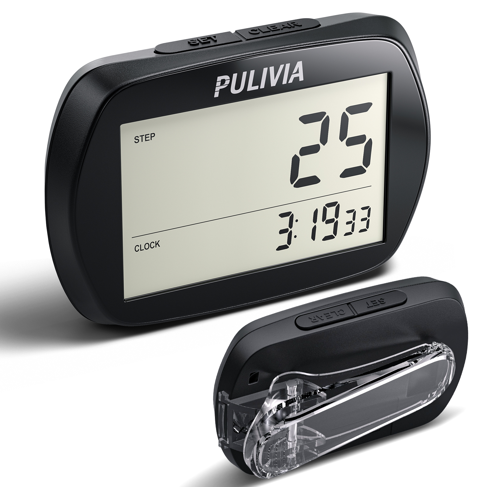 PULIVIA  YS-003 3D Pedometer for Walking Step Counter with Clock Clip-on Waist Pedomete 