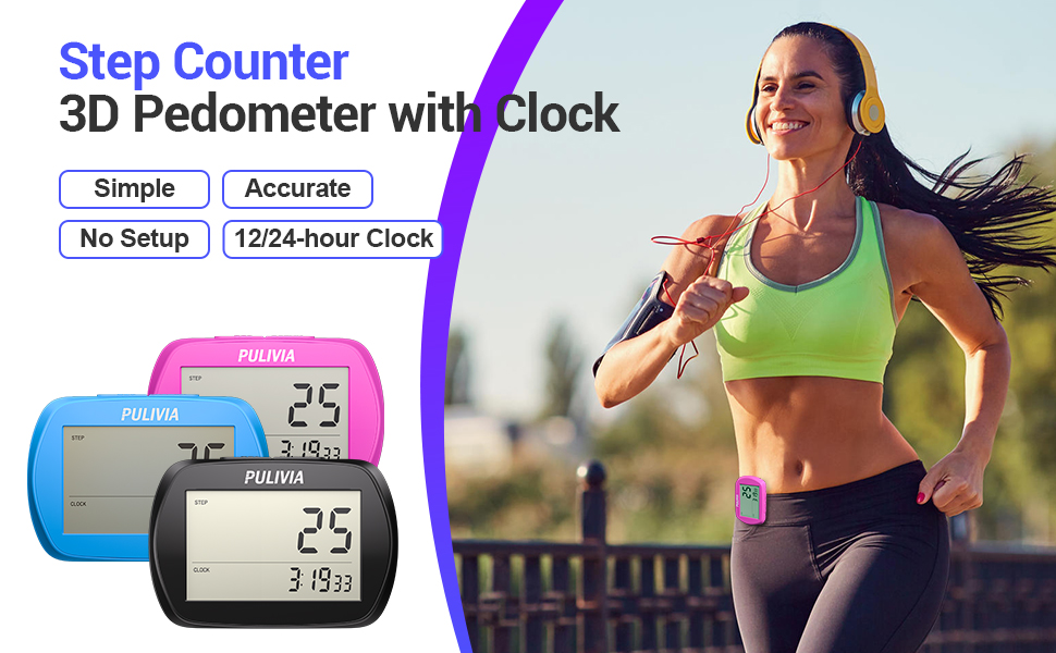 PULIVIA  YS-003 3D Pedometer for Walking Step Counter with Clock Clip-on Waist Pedomete 