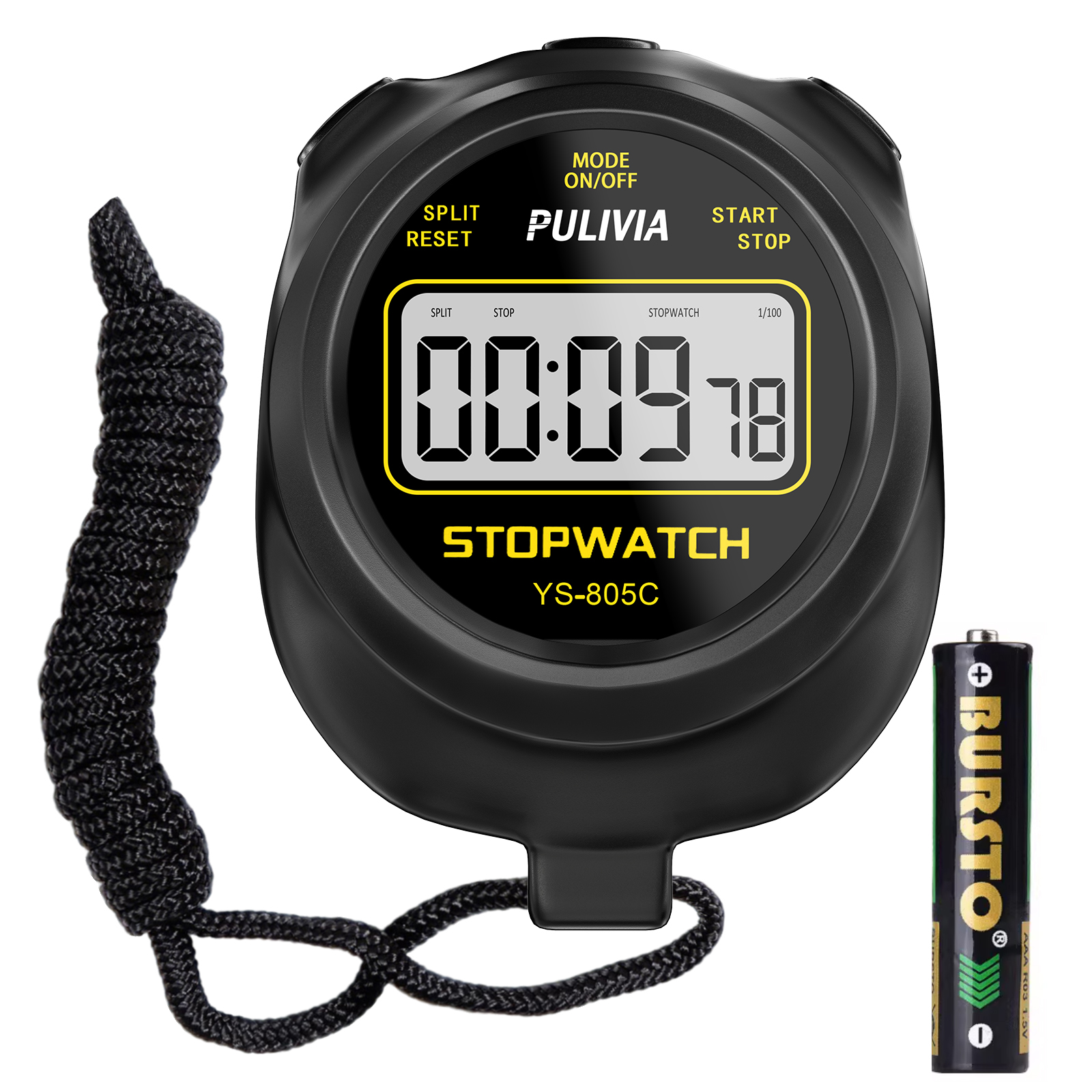 PULIVIA YS-805C Stopwatch Timer with Countdown, Simple Operation with ON/OFF, Black