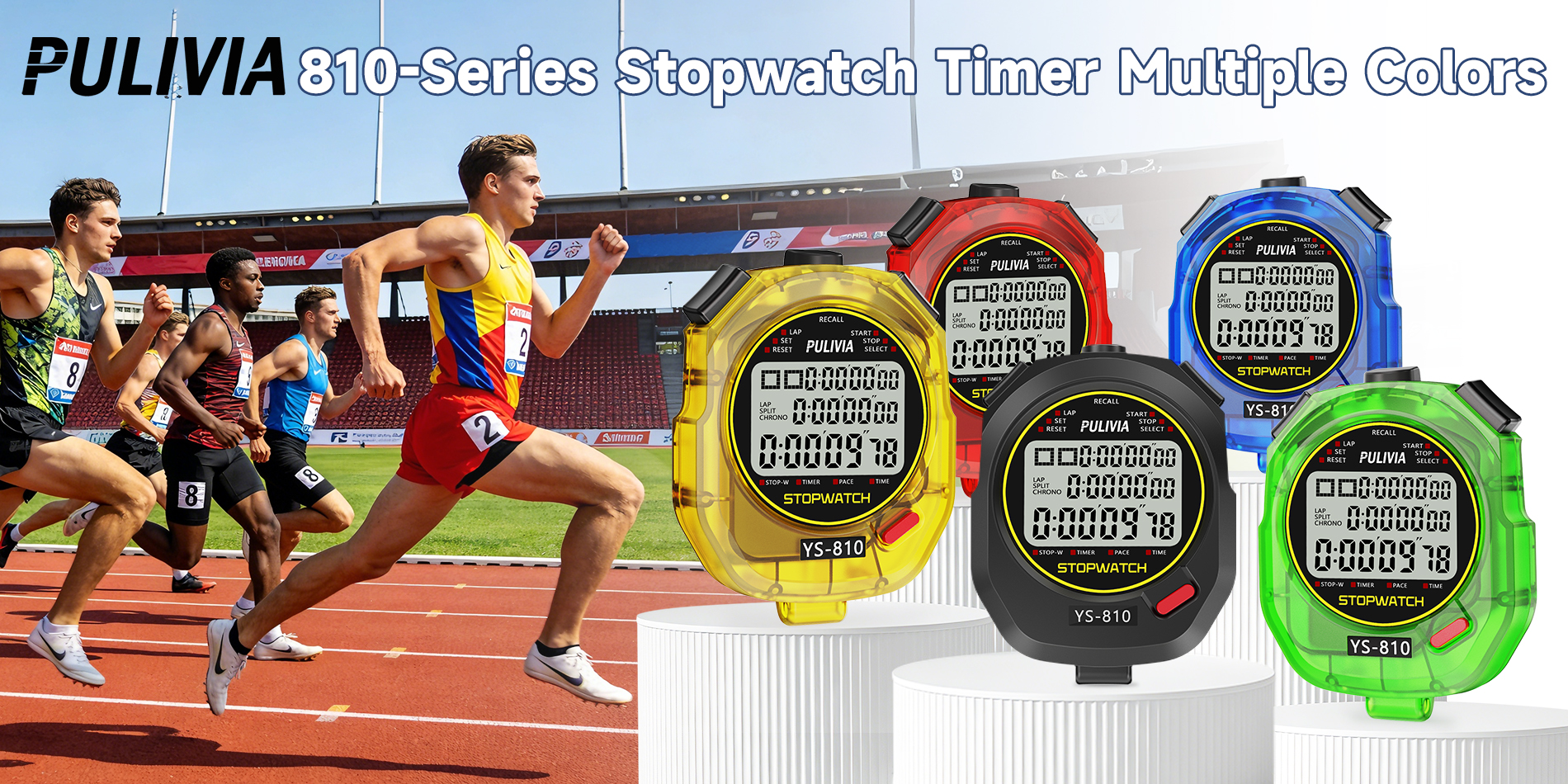 PULIVIA YS-810 Stopwatch 10 Splits with Countdown Timer Pace Mode Clock Calendar, Transpare Red