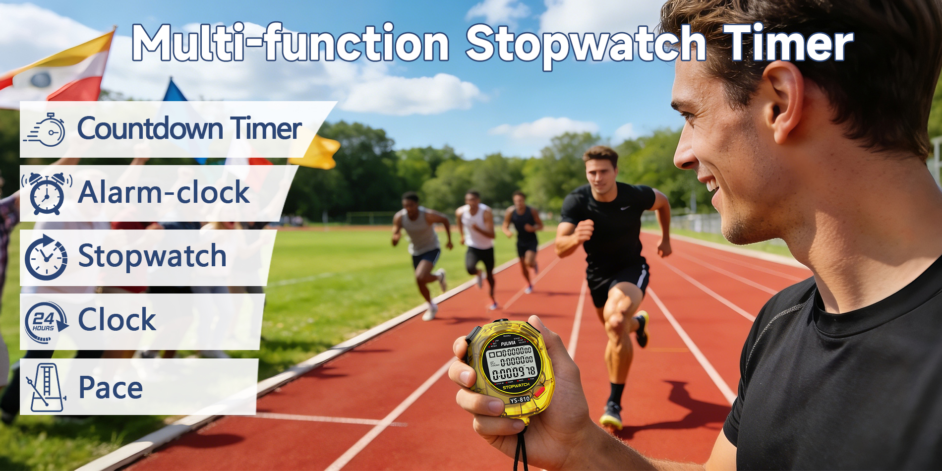 PULIVIA YS-810 Stopwatch 10 Splits with Countdown Timer Pace Mode Clock Calendar, Transpare Red