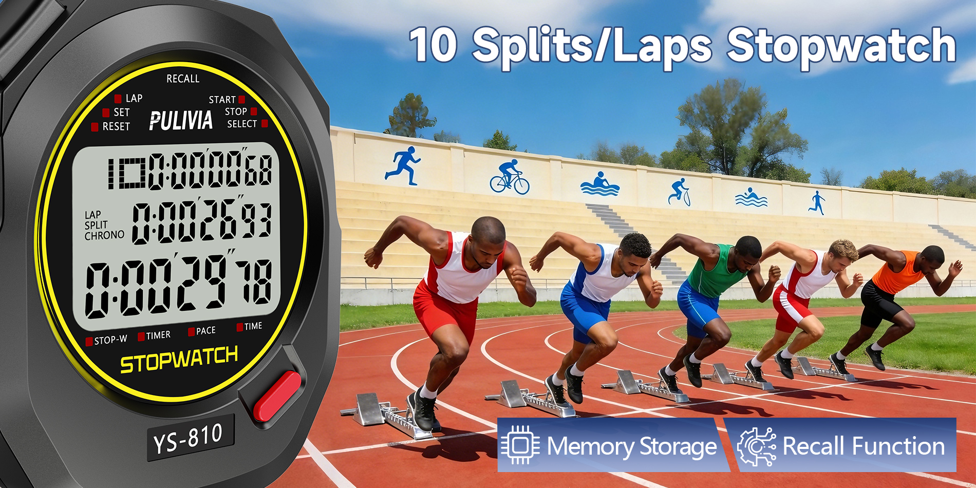 PULIVIA YS-810 Stopwatch 10 Splits with Countdown Timer Pace Mode Clock Calendar, Transpare Red