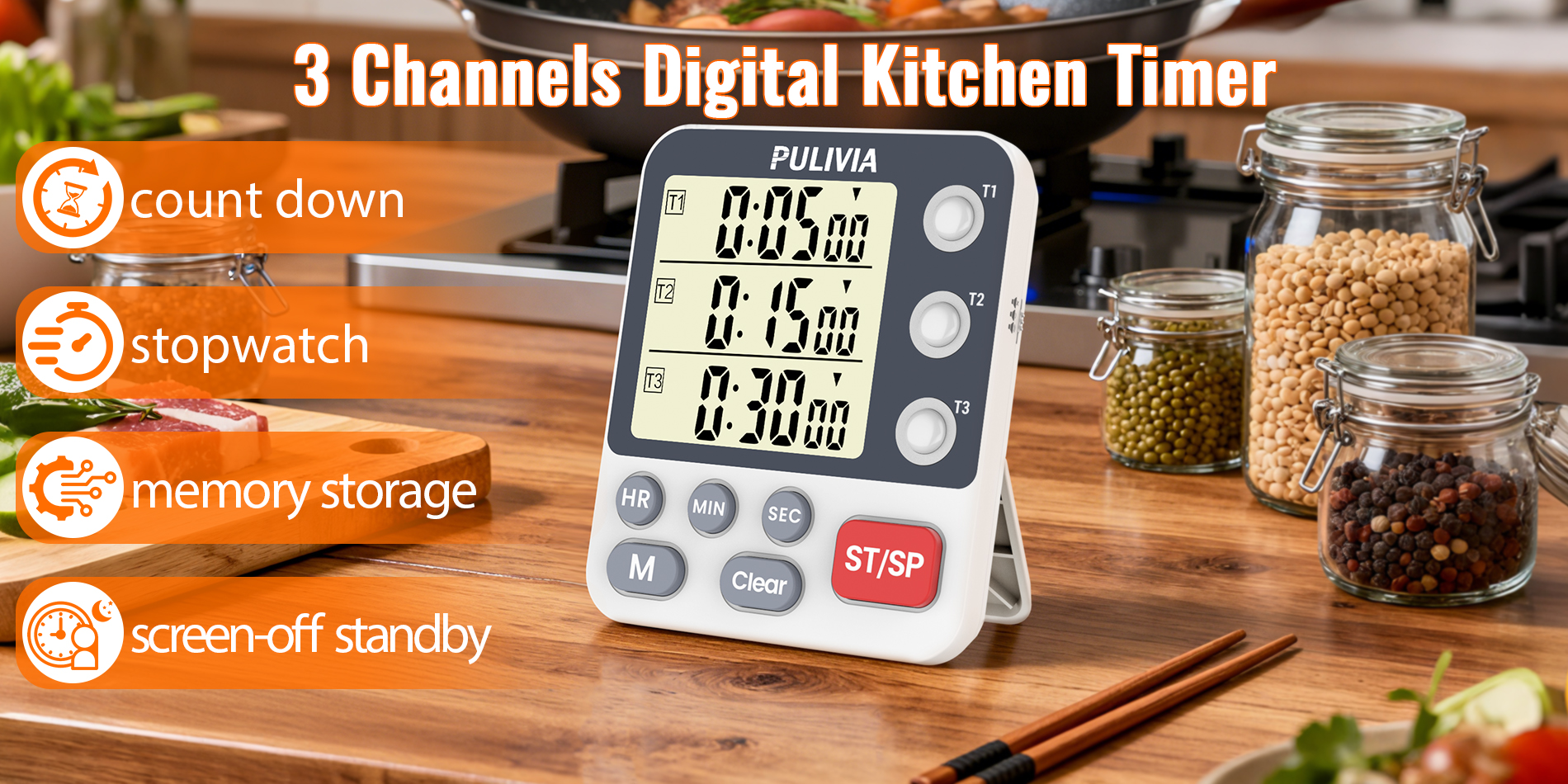 PULIVIA YS-318 Digital dual kitchen timer, 3-channel countdown triple timer