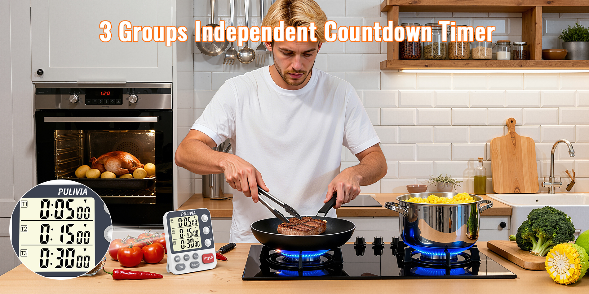 PULIVIA YS-318 Digital dual kitchen timer, 3-channel countdown triple timer