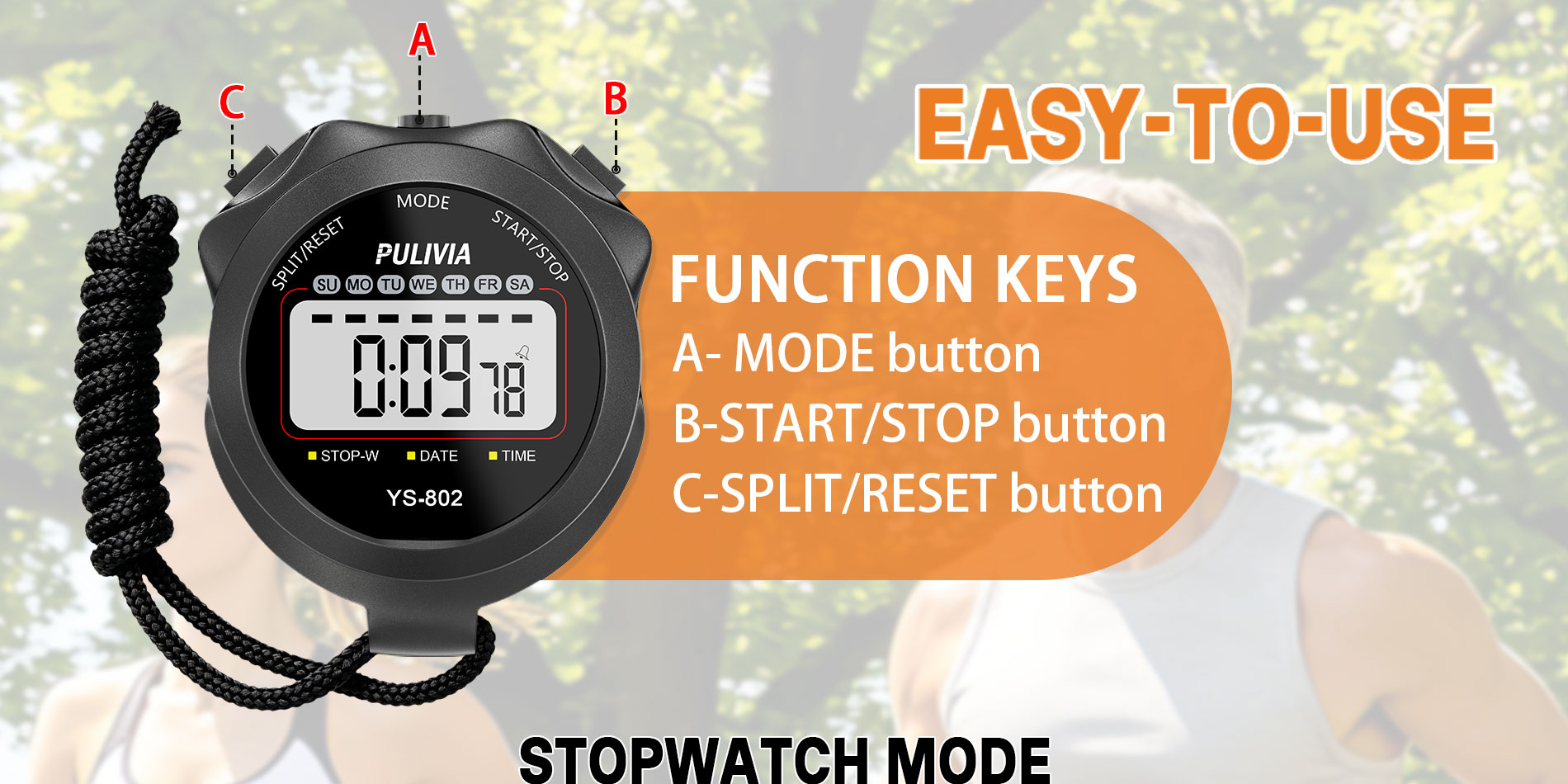 PULIVIA YS-802 Digital Stopwatch Timer, 2 Splits, Black PULIVIA YS-802 Digital Stopwatch Timer, 2 Splits, Black