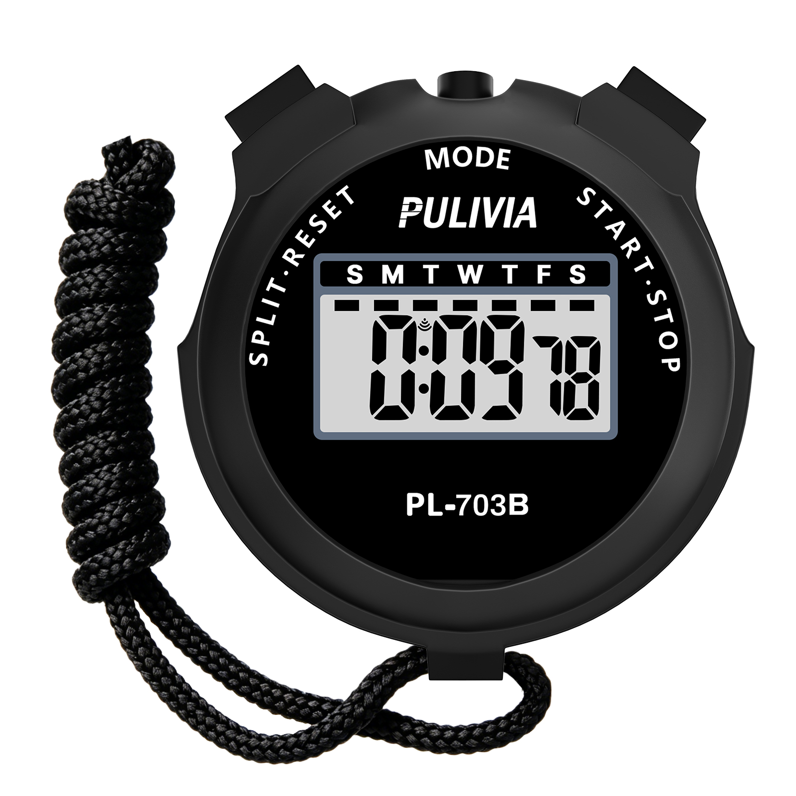 PULIVIA PL-703B-Black Stopwatch Timer Lap Split Digital Stopwatch with Clock Calendar Alarm, Black